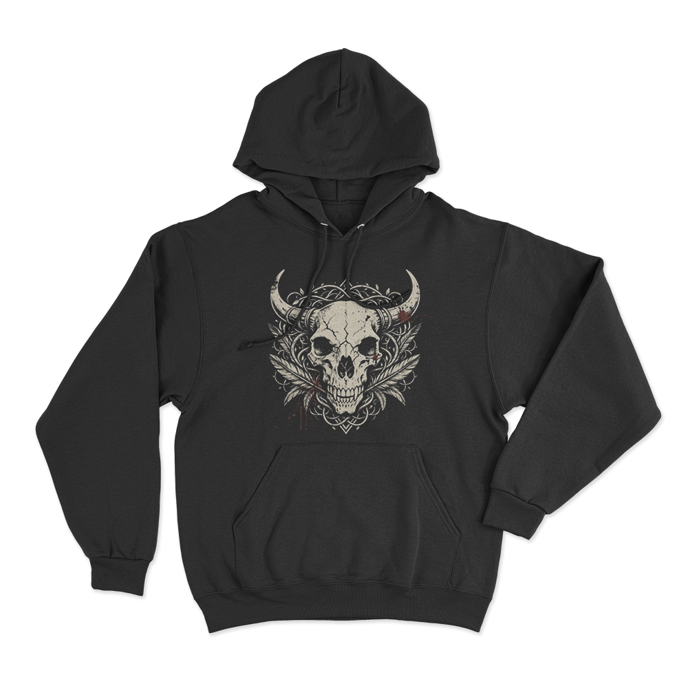 Horned Skull With Blood Splatter Print Unisex Hoodie Black Horned Skull With Blood Splatter Print Unisex Hoodie Black
