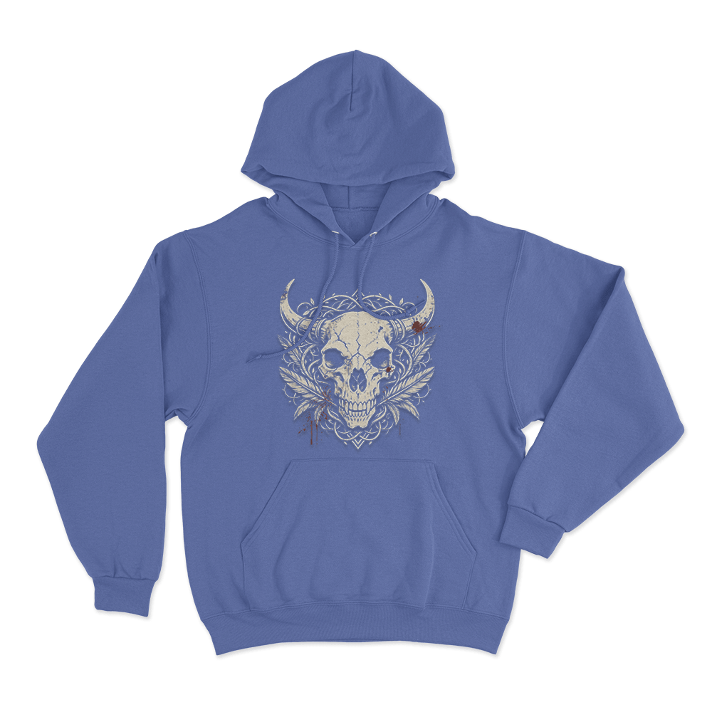 Horned Skull With Blood Splatter Print Unisex Hoodie Blue Horned Skull With Blood Splatter Print Unisex Hoodie Blue