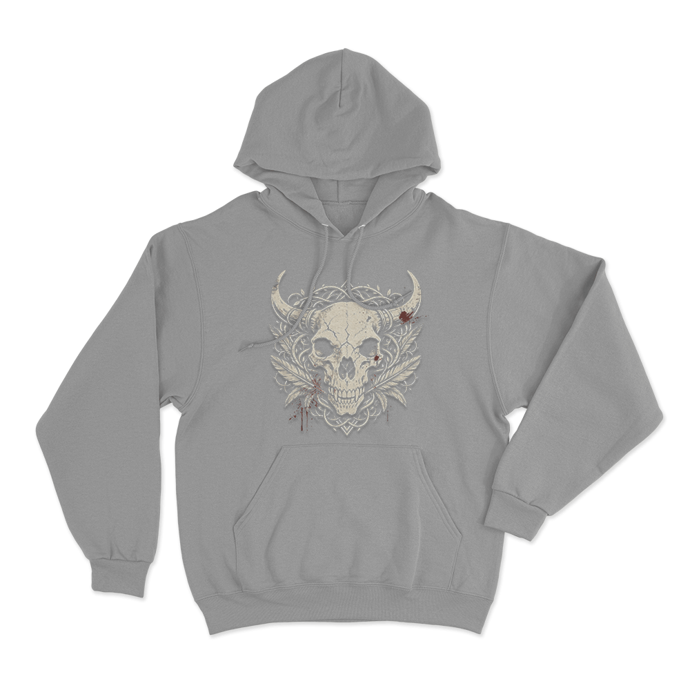 Horned Skull With Blood Splatter Print Unisex Hoodie Grey Horned Skull With Blood Splatter Print Unisex Hoodie Grey