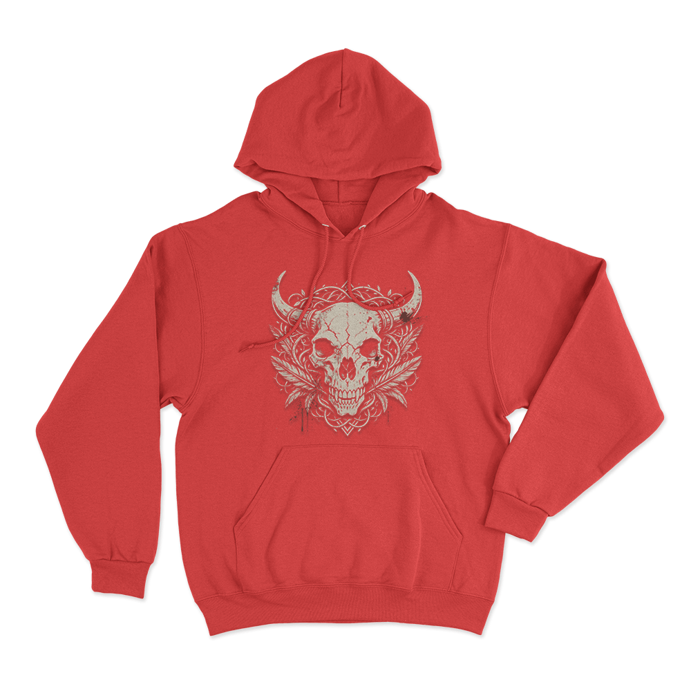 Horned Skull With Blood Splatter Print Unisex Hoodie Red Horned Skull With Blood Splatter Print Unisex Hoodie Red