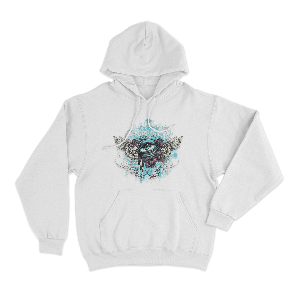 Winged Eye And Roses Tattoo Print Unisex Hoodie White Winged Eye And Roses Tattoo Print Unisex Hoodie White