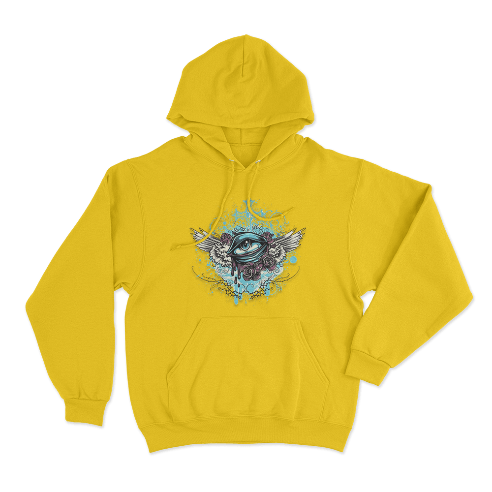 Winged Eye And Roses Tattoo Print Unisex Hoodie Yellow Winged Eye And Roses Tattoo Print Unisex Hoodie Yellow